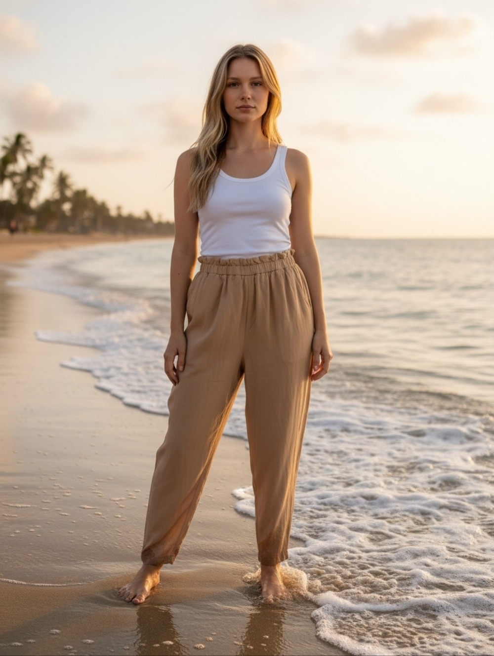 Linen Blend Pants, Casual Elastic Waist, Camel Pastel Peach, M